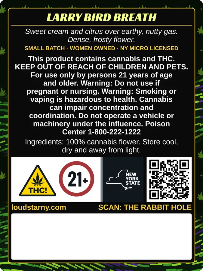 Loud Star Larry Bird Breath 1/8 oz bag back label with New York compliance panel