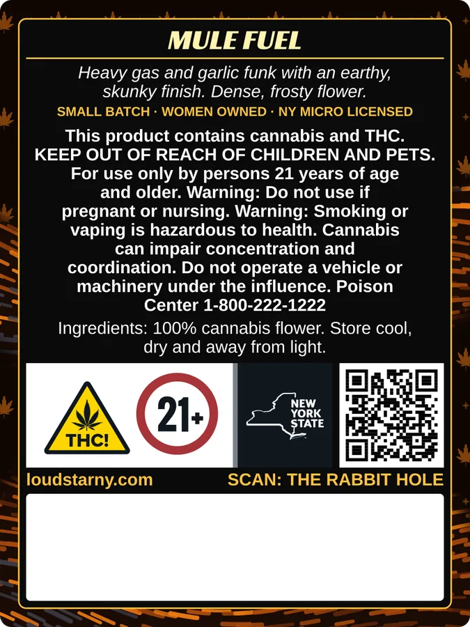 Loud Star Mule Fuel 1/8 oz bag back label with New York compliance panel