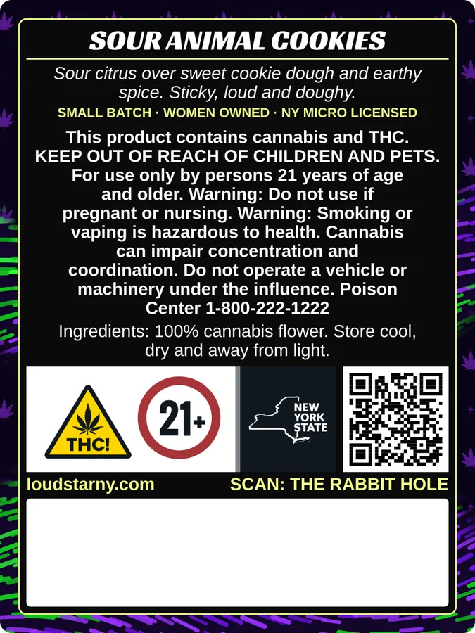 Loud Star Sour Animal Cookies 1/8 oz bag back label with New York compliance panel
