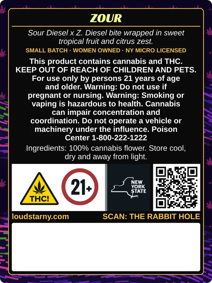 Loud Star Zour 1/8 oz bag back label with New York compliance panel