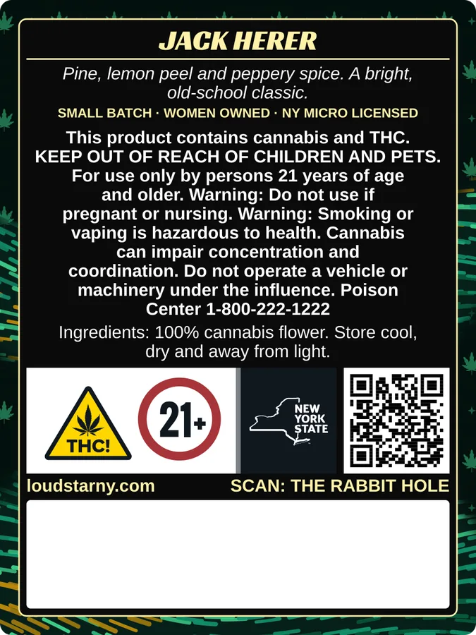 Loud Star Jack Herer 1/8 oz bag back label with New York compliance panel