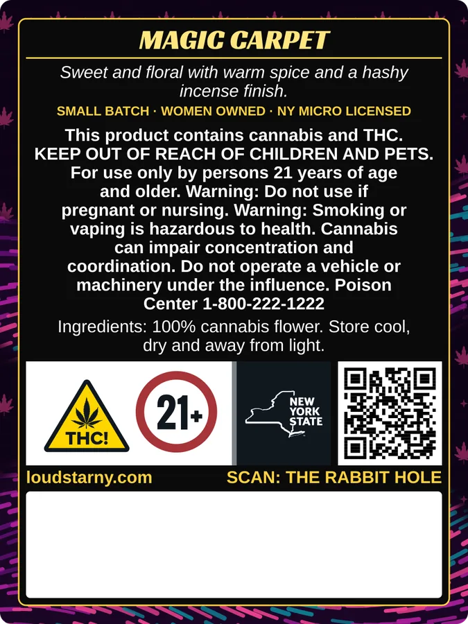Loud Star Magic Carpet 1/8 oz bag back label with New York compliance panel