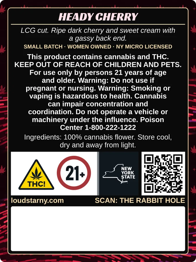 Loud Star Heady Cherry 1/8 oz bag back label with New York compliance panel