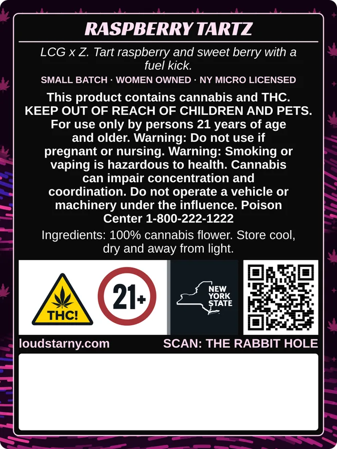 Loud Star Raspberry TartZ 1/8 oz bag back label with New York compliance panel