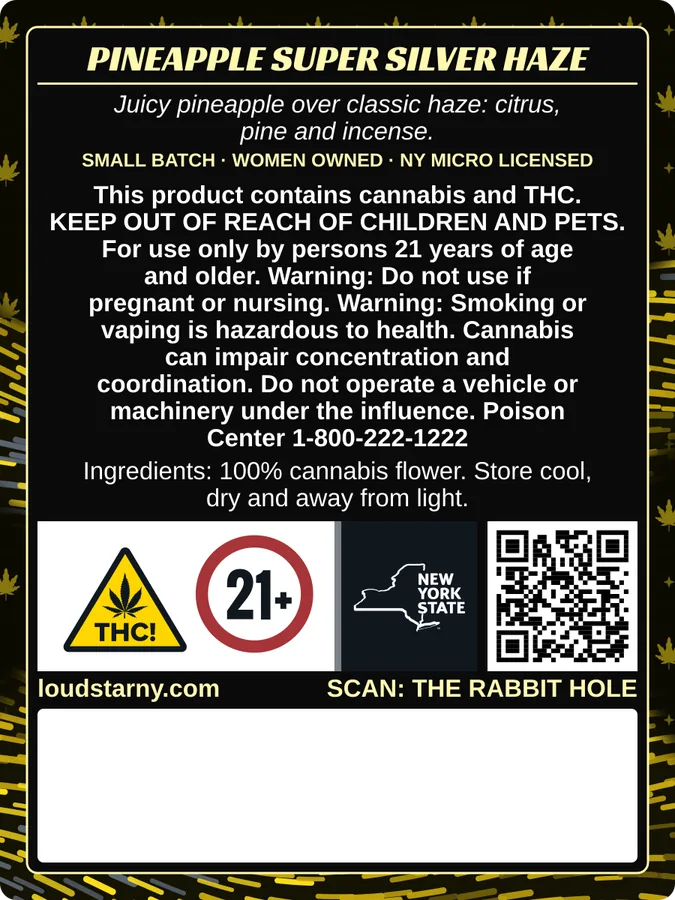 Loud Star Pineapple Super Silver Haze 1/8 oz bag back label with New York compliance panel