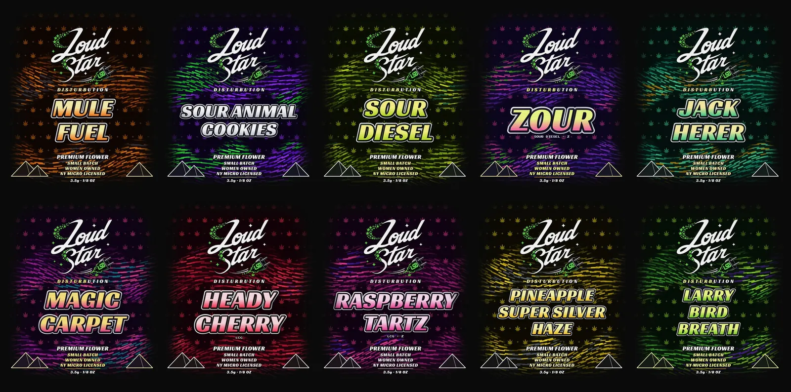 All ten Loud Star bag fronts on black